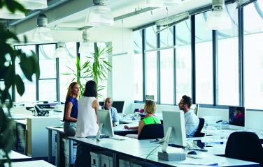 Une équipe discute dans un bureau